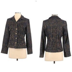Vtg 90's Western Jean Jacket Gold Metallic‎ Print Pintuck Studded Details Sz 4